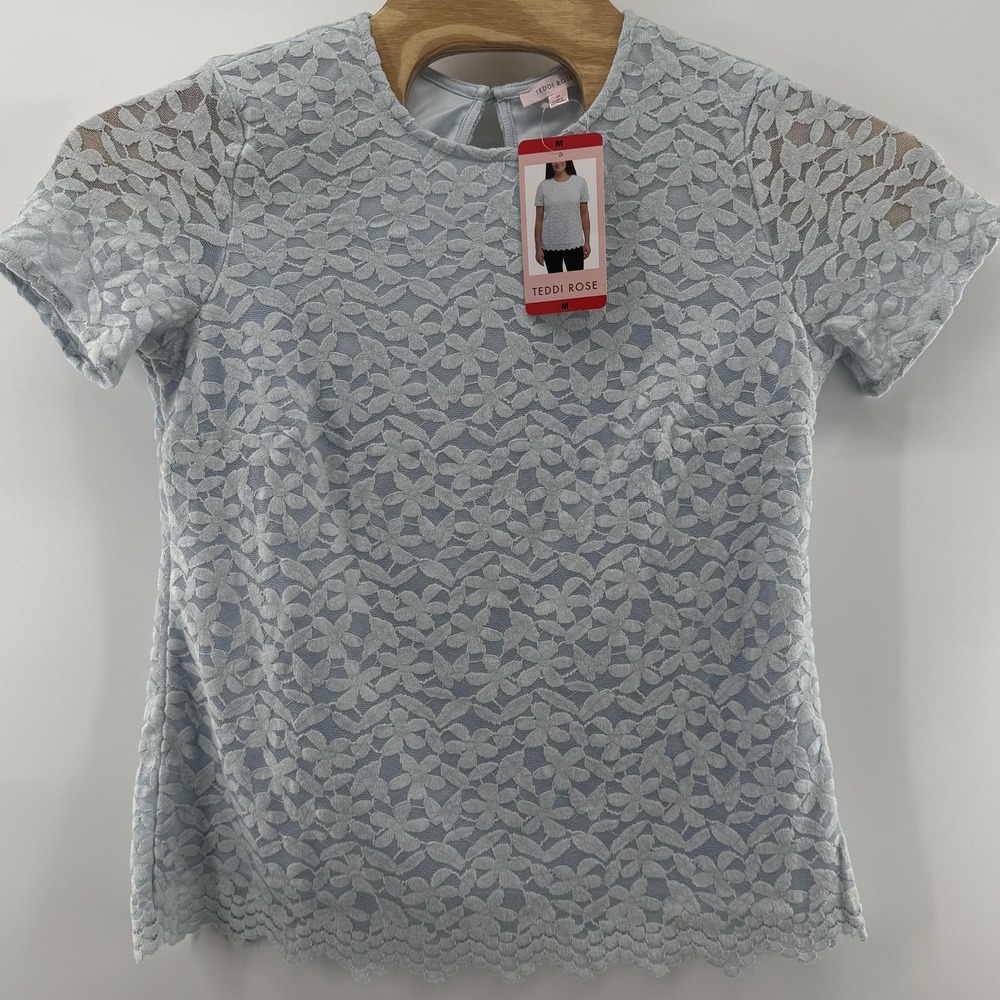 Teddi Rose Shirt Womens Medium Lace Floral Short Sleeve Scallop Edge Top Blouse